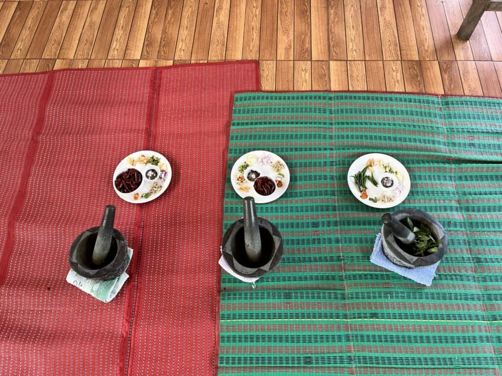 ingredients for curry paste on bamboo mat in Thai cooking class